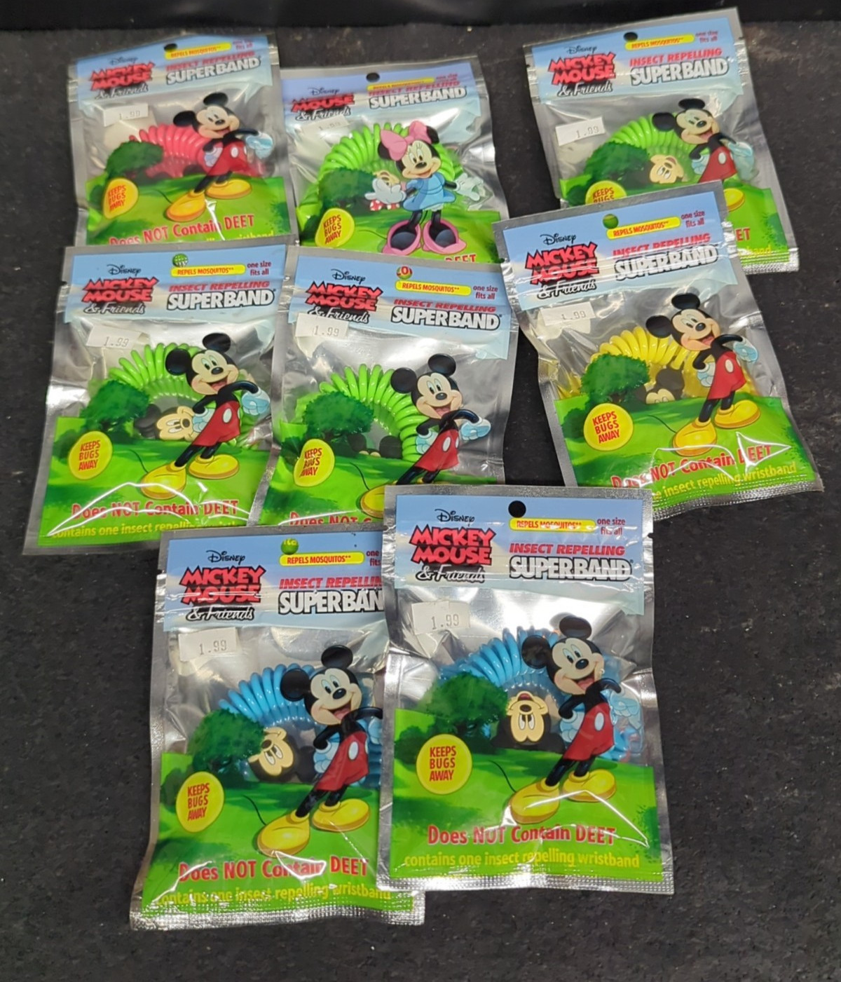 Lot of 8 Disney Mickey Mouse & Friends Insect Bug Repelling Non-Toxic Wristbands