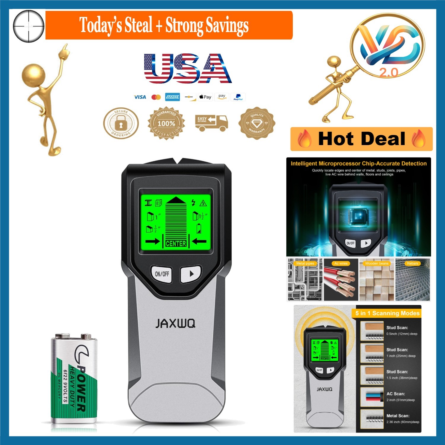Stud Finder Wall Scanner 5-in-1 HD LCD Wall Detector for Studs Wires Pipes
