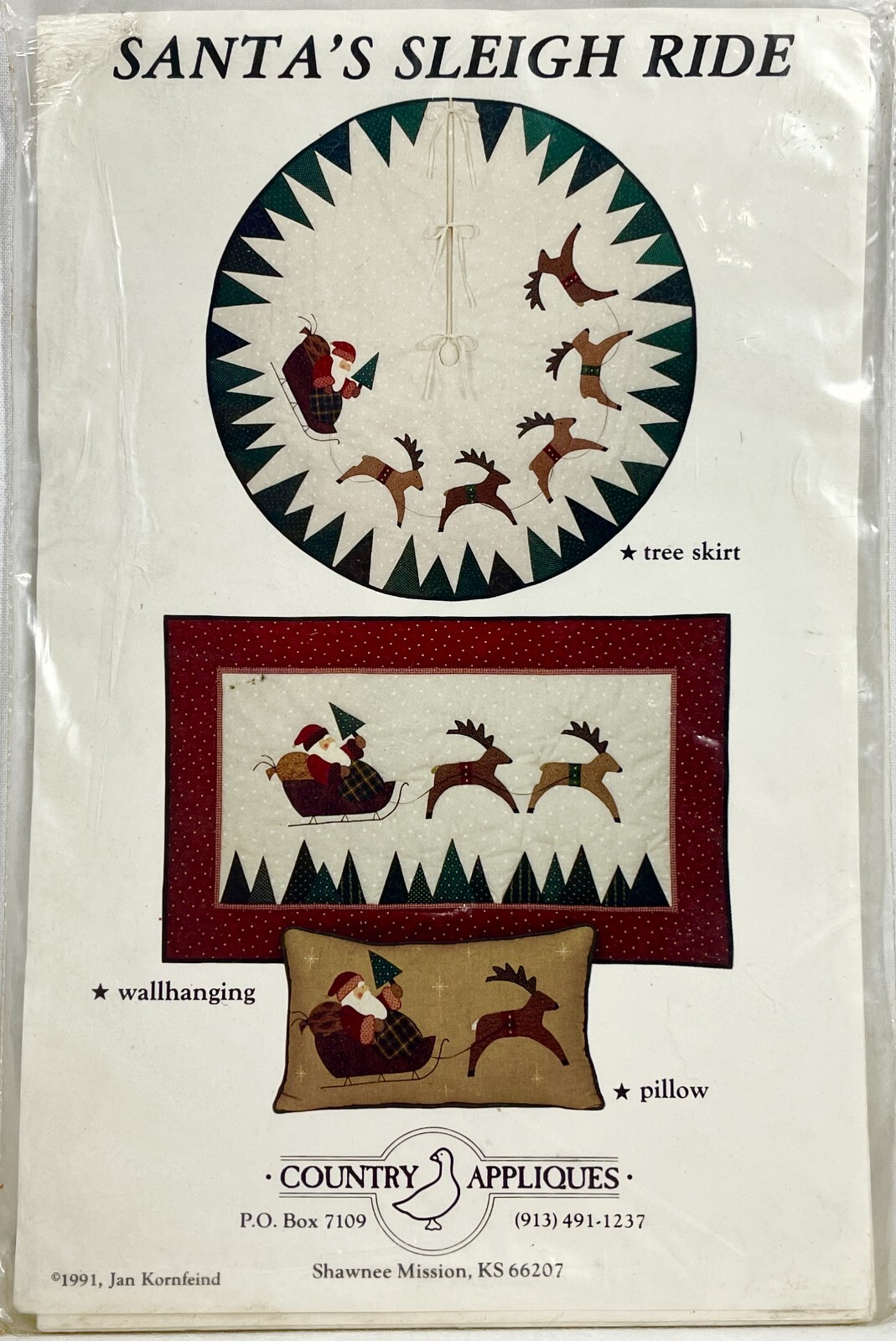 NEW 1991 Country Appliques Santas Sleigh Ride CA63 Pattern Tree Skirt Vntg 13469