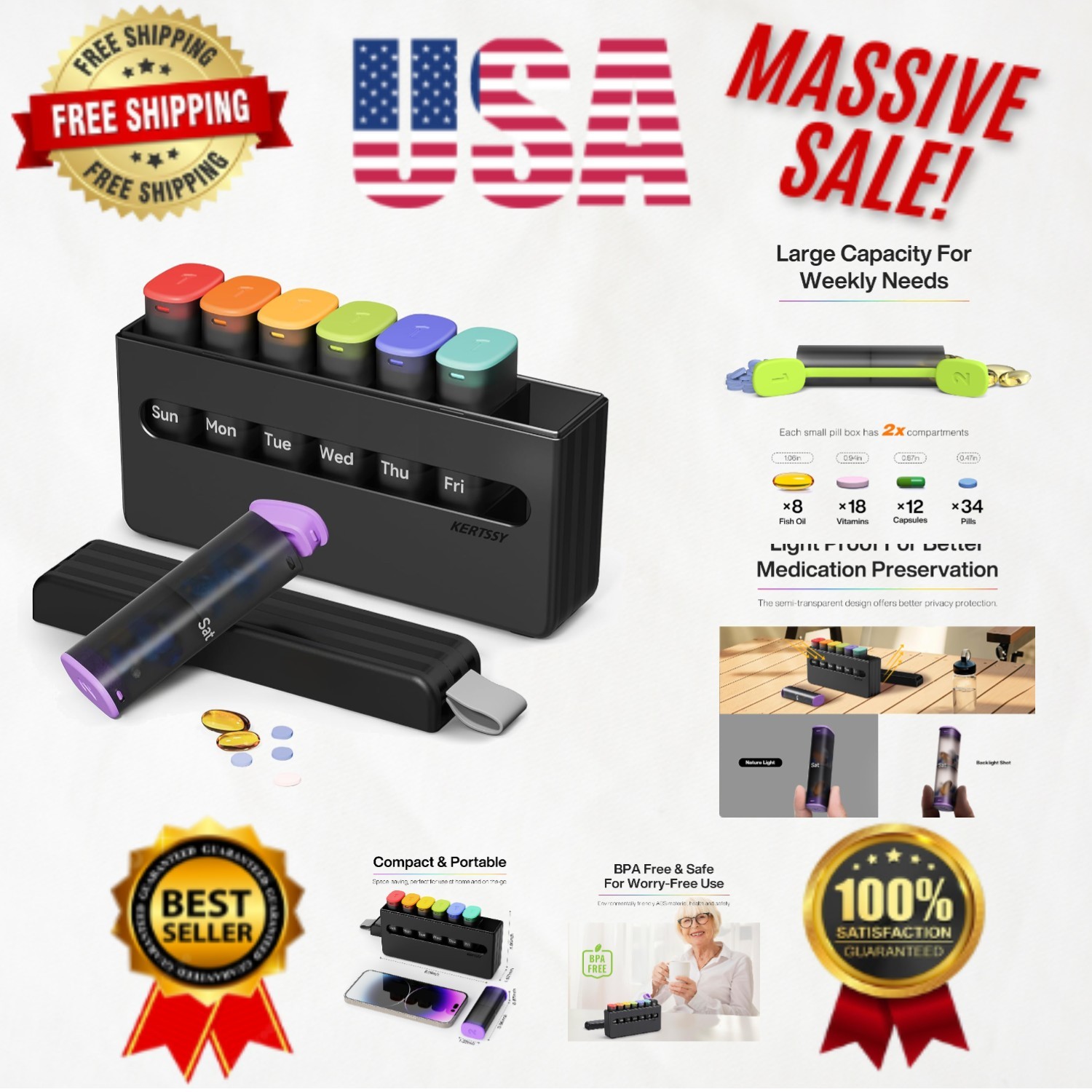 Stylish 7 Day Pill Organizer - Two Times a Day Holder for Vitamins & Supplements