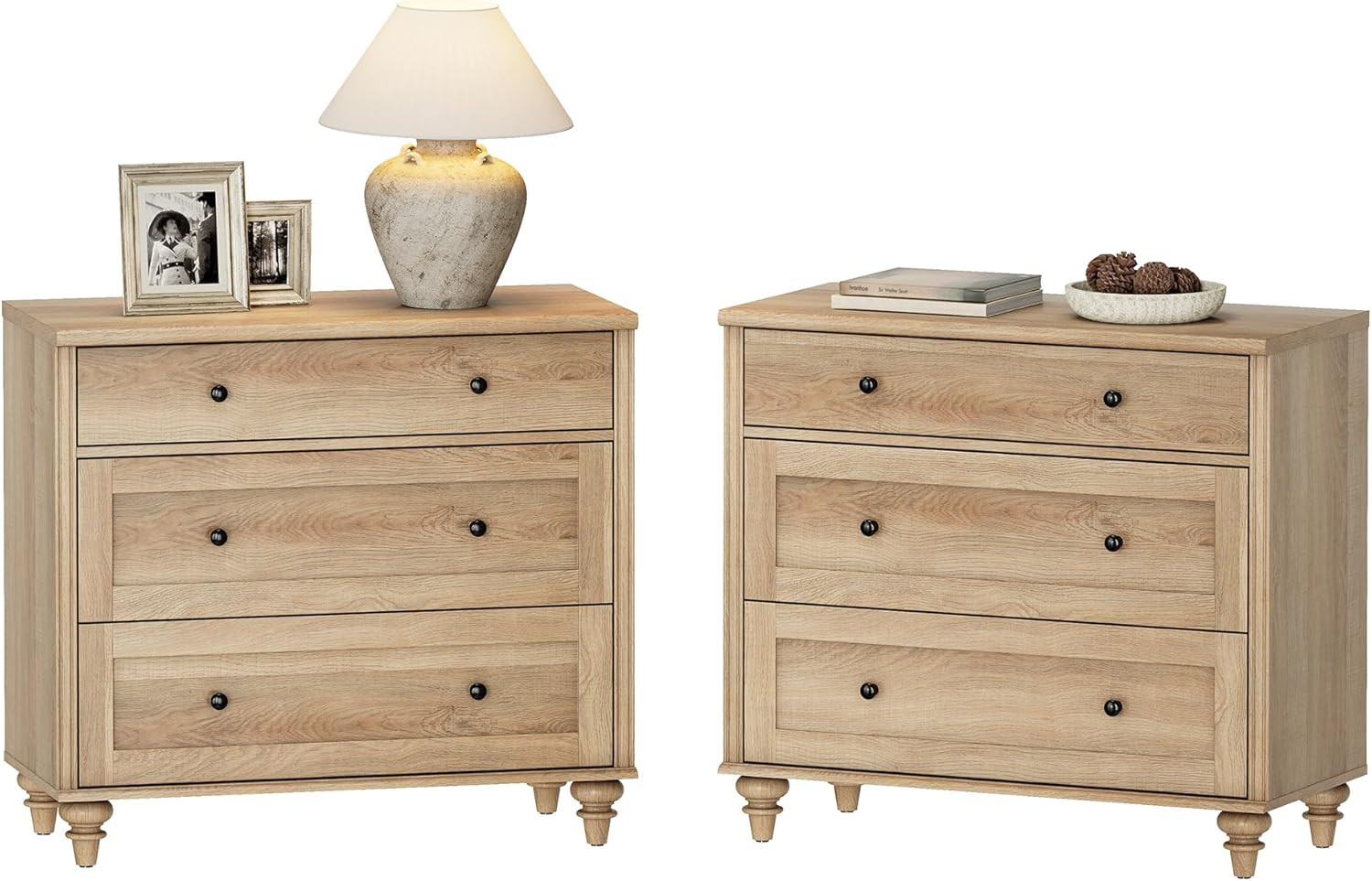 WAMPAT Farmhouse Nightstand with 3 Drawers, Set of 2 Large 3 Drawers Wood Bedsid