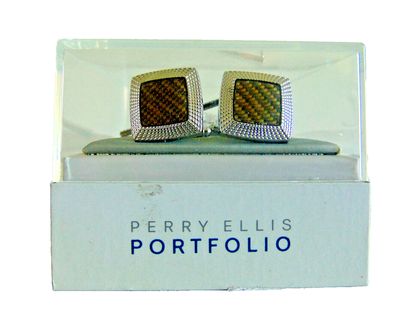 Men's Cufflink Tie Clip Set Silver Yellow Square Perry Ellis Portfolio