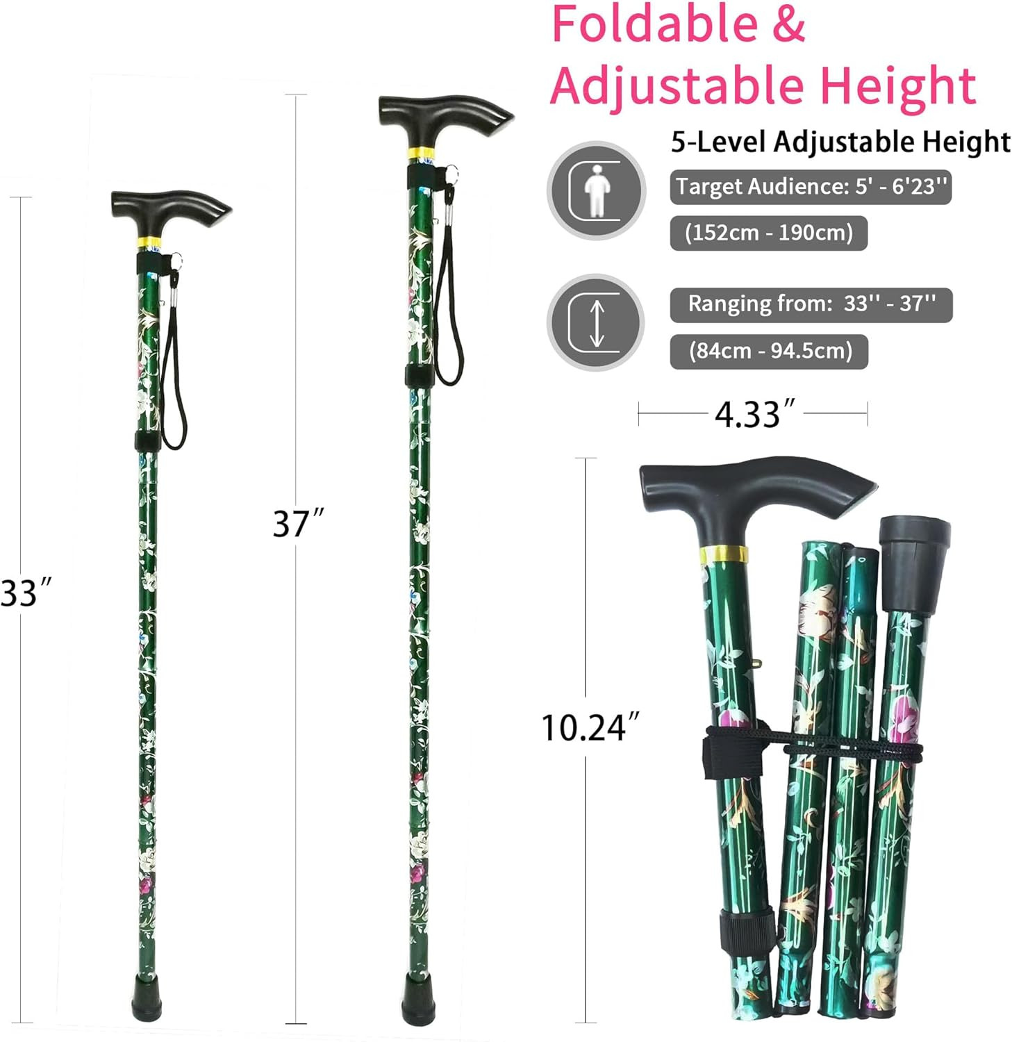 Folding Canes for Men and Women, Floral | 5-Level Adjustable Height, Lightwei...