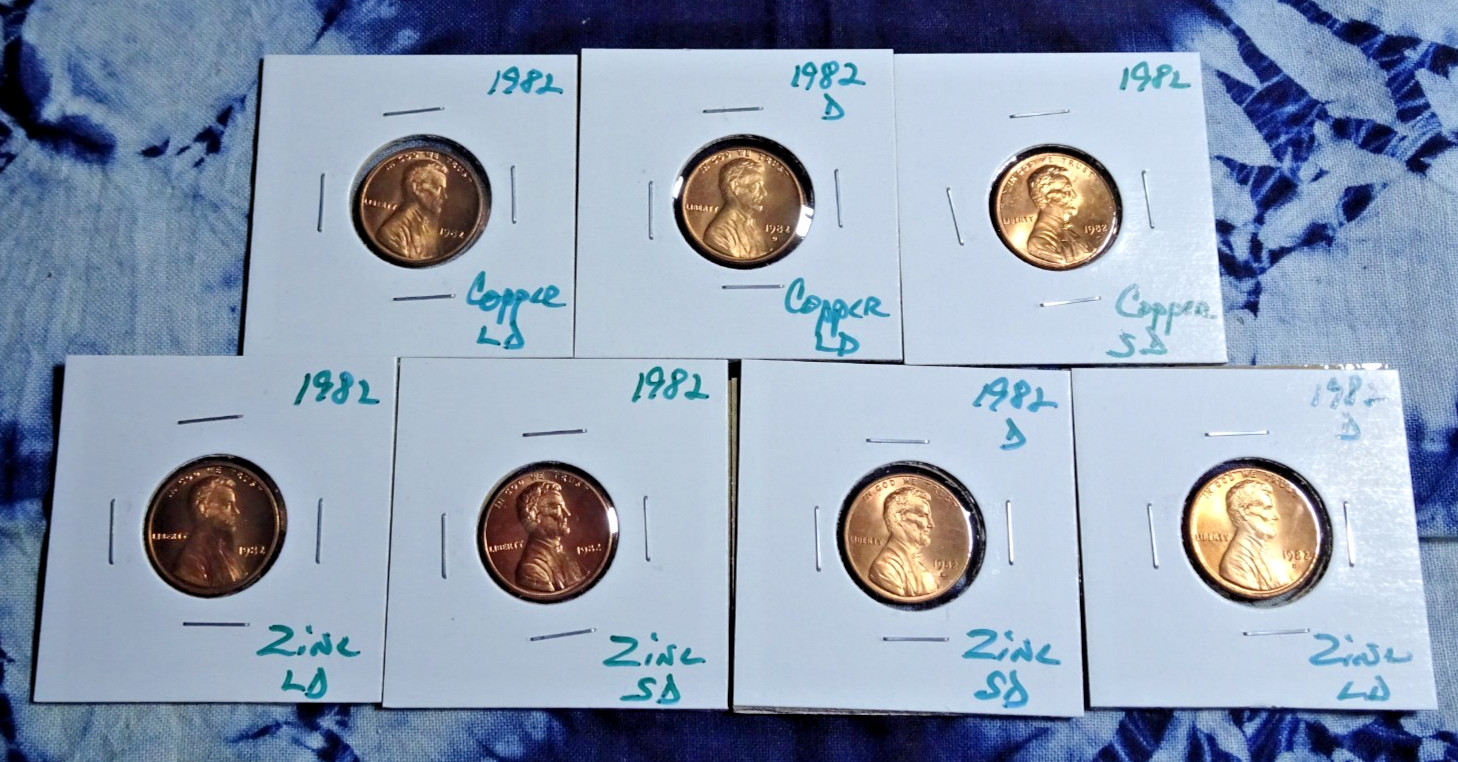 1982-P & D LINCOLN MEMORIAL CENT COPPER/ZINC 7 COIN VARIETY SET BU UNC SPOT FREE