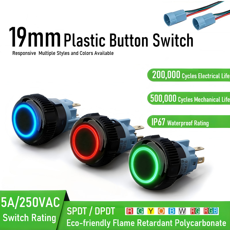 19mm Tri-color LED Black Plastic DPDT 5A 250VAC Ring LED IP65 Push Button Switch