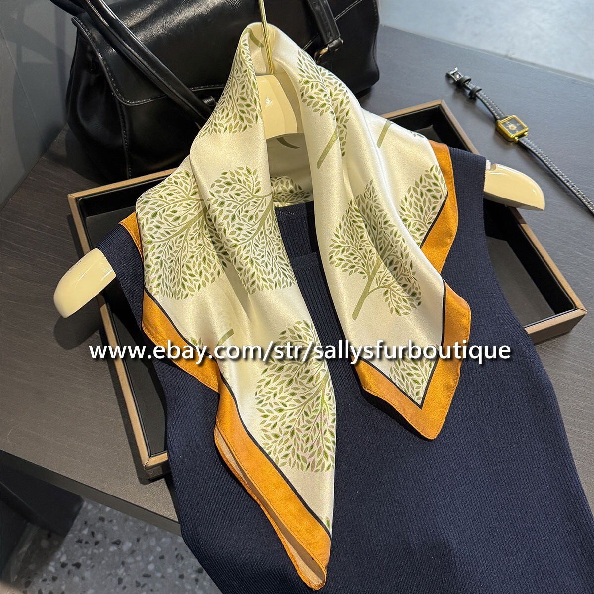 Sallys 100% Satin Silk Scarf Trees Print Square Neck Bag Hairband 21" Green