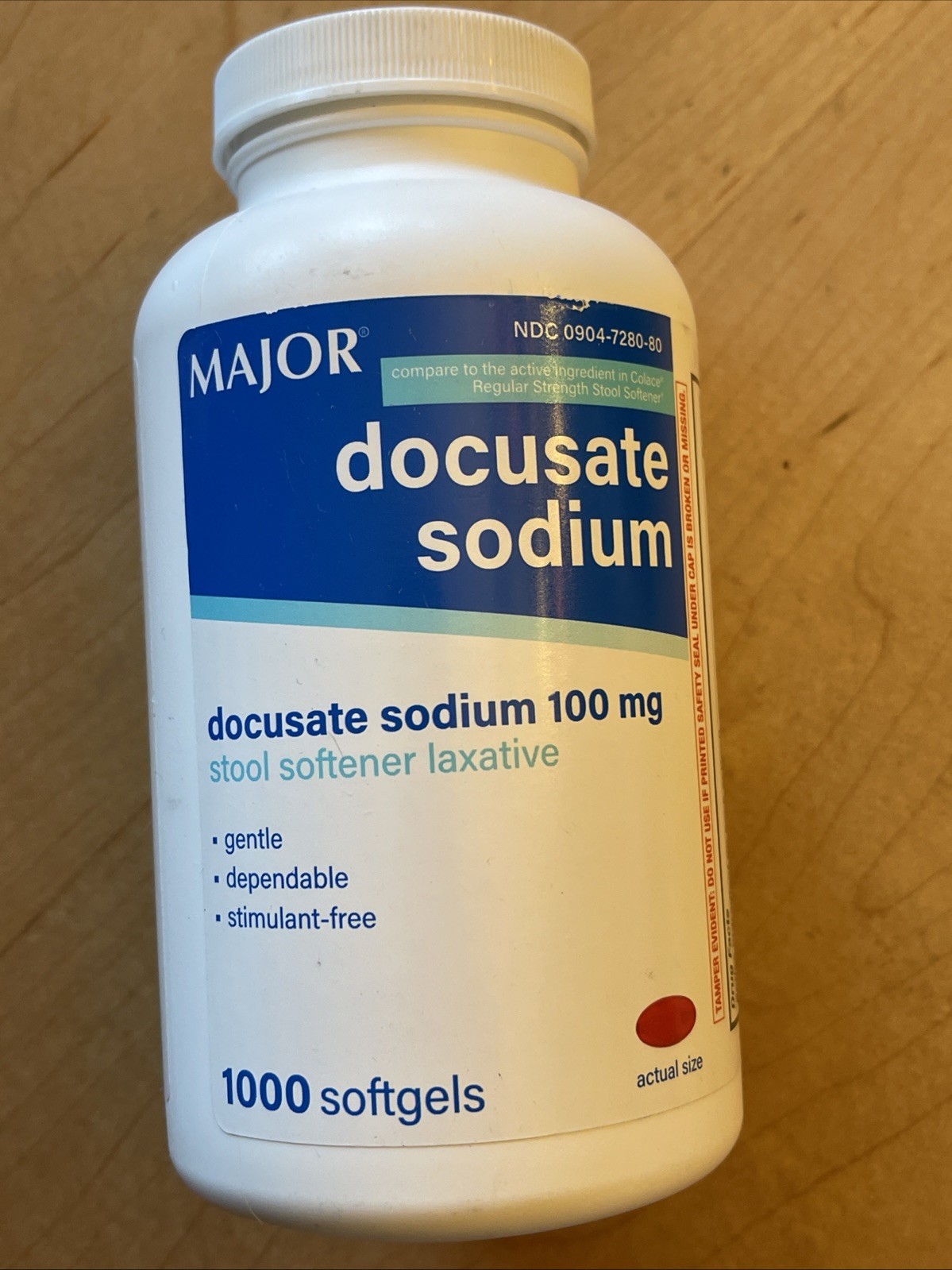 Major Pharmaceuticals Docusate Sodium 100 mg Laxative Softgels 1000 Count New