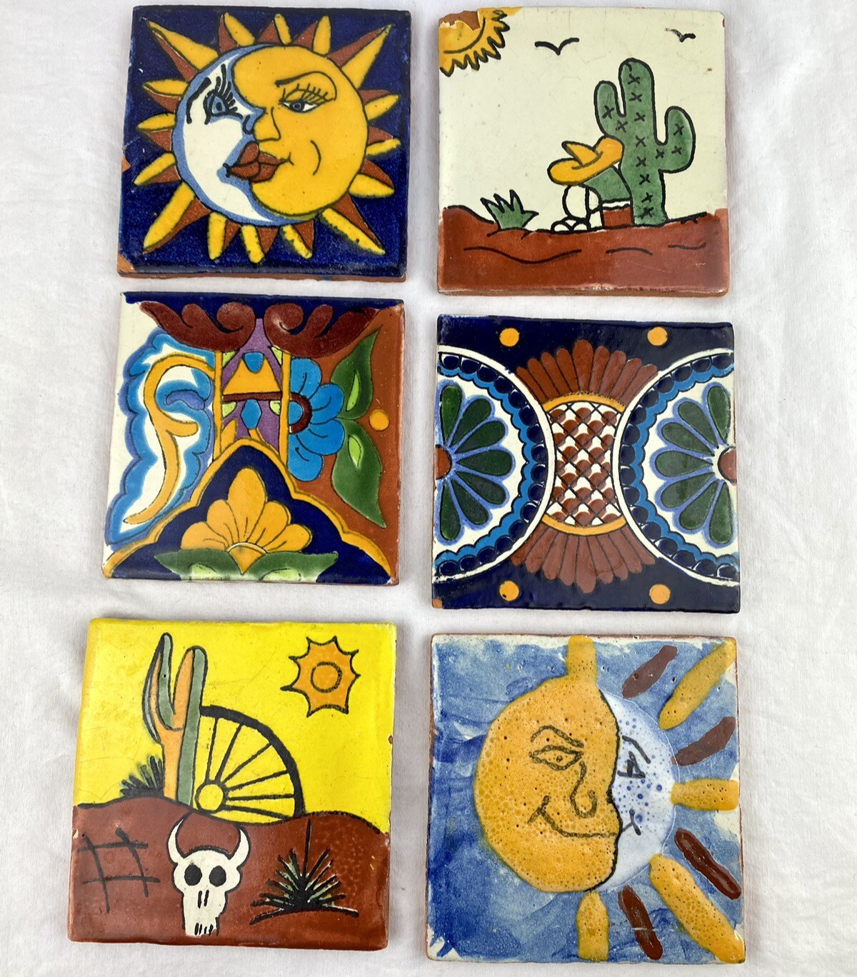 Lot 6 Mexican Talavera Ceramic Tiles MIXED Designs Handmade Folk Art Colorful