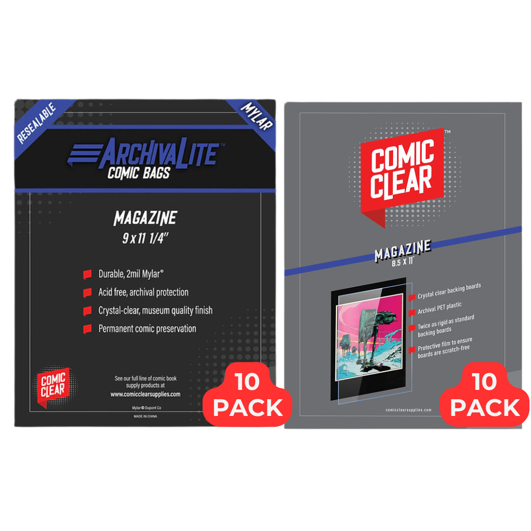 10 Resealable Magazine 2 Mil Mylar Bags & Clear Boards Archival Magazine Storage