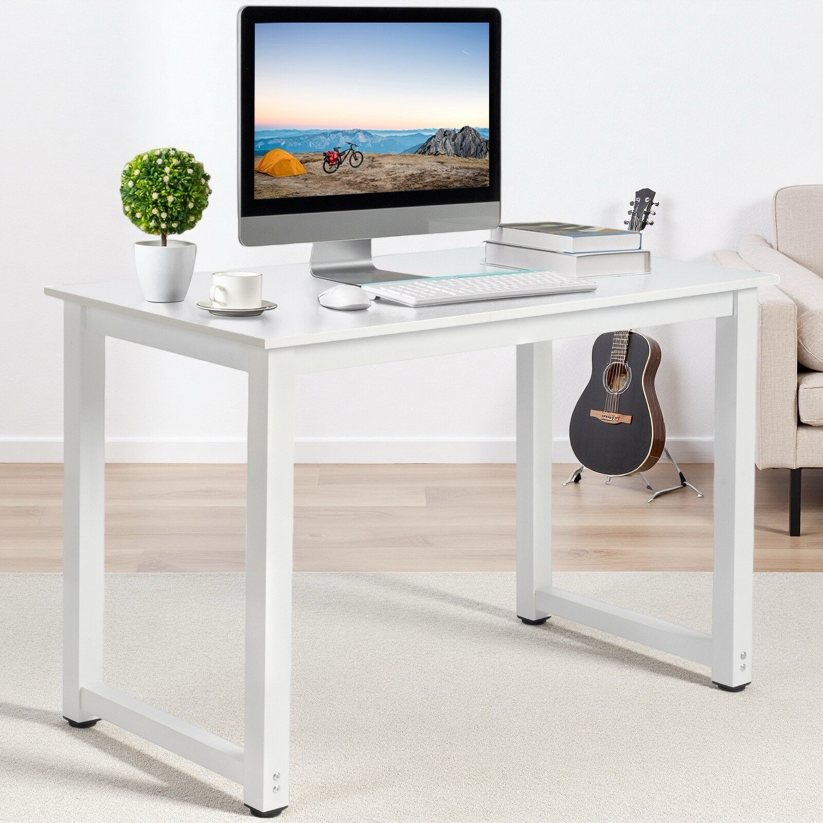 Simple Computer Desk - Portable, White, Steel White Frame & Adjustable Foot Pad