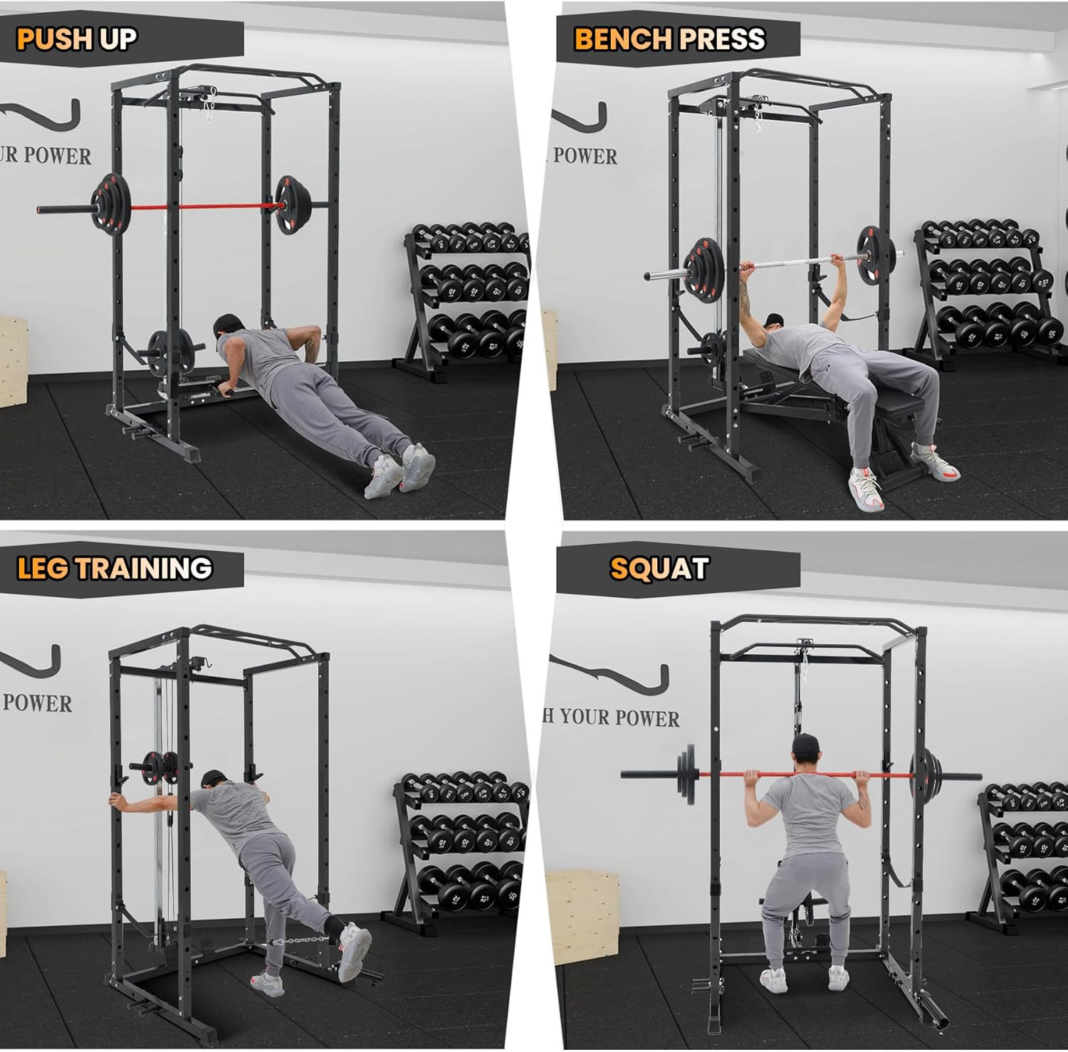Power Cage, Multi-Function Squat Rack with LAT Pulldown, 1600 LBS Weight Capacit