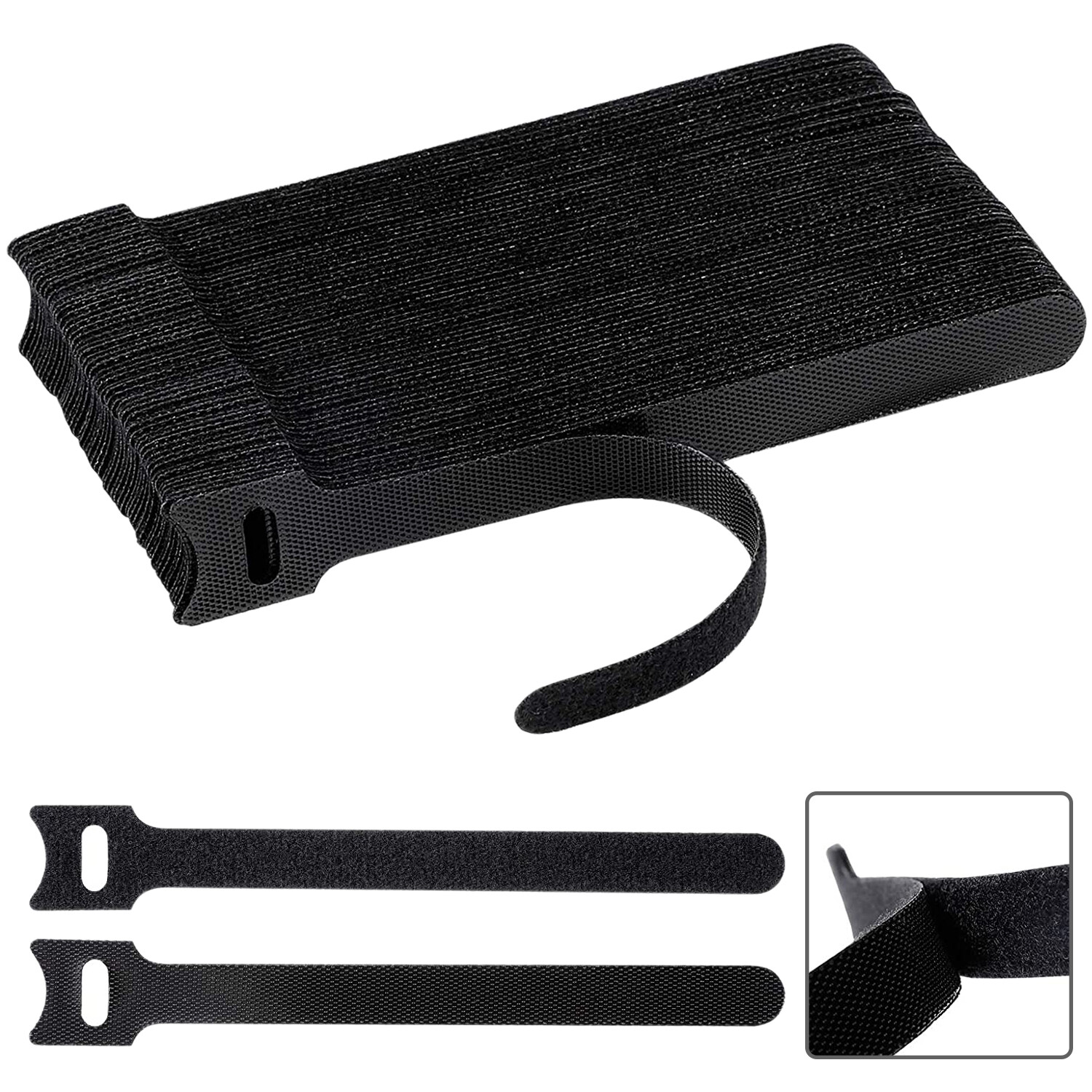 100 PCS Cable Straps Reusable Wire Cord Hook Loop Ties Black Fastening Organizer