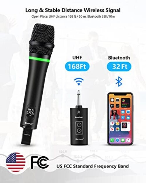 Wireless Microphone Rechargeable, 168FT Range Bluetooth Microphone Black