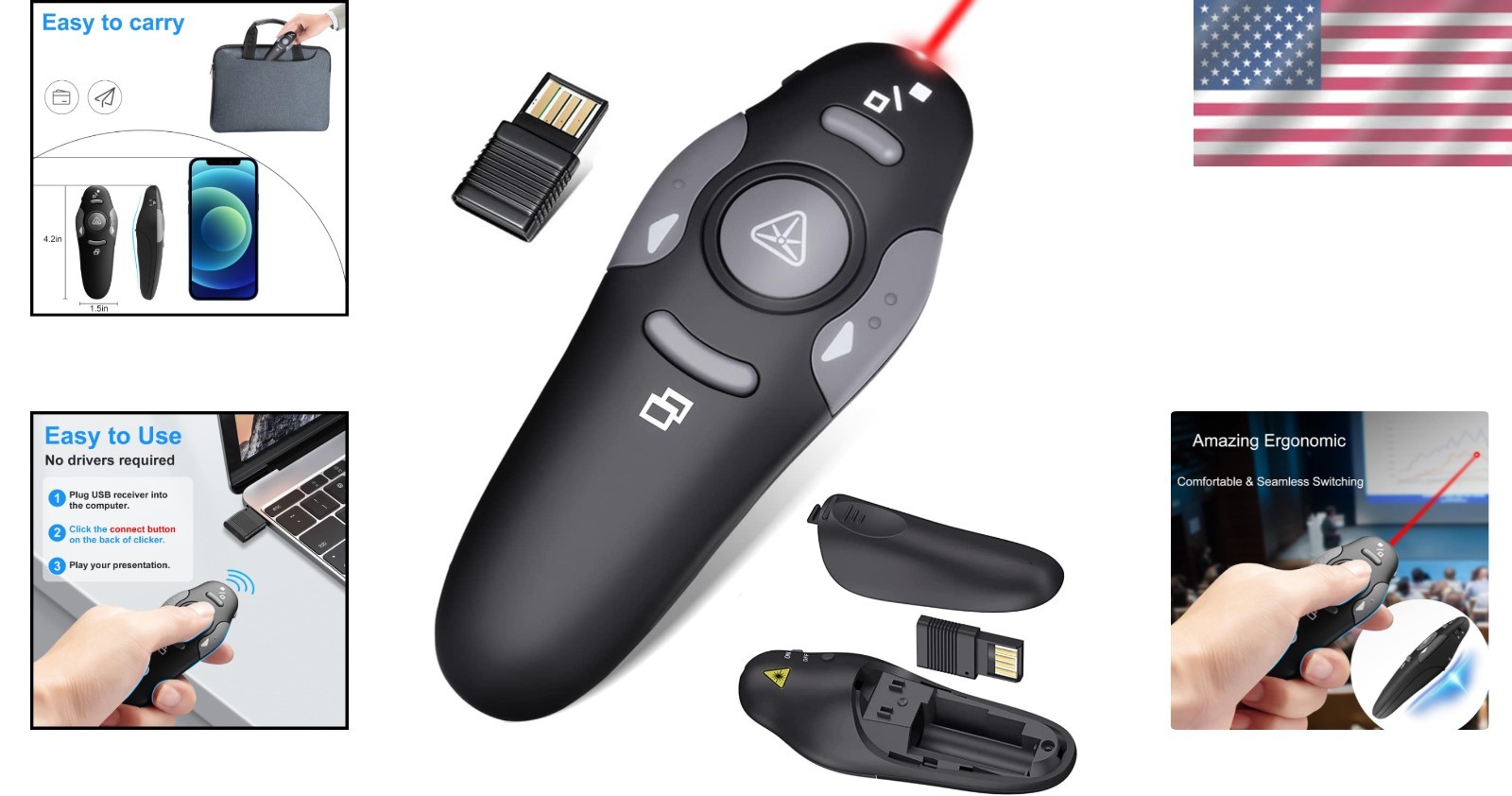 Ergonomic Wireless Presentation Clicker with Laser Pointer - USB Remote for M...