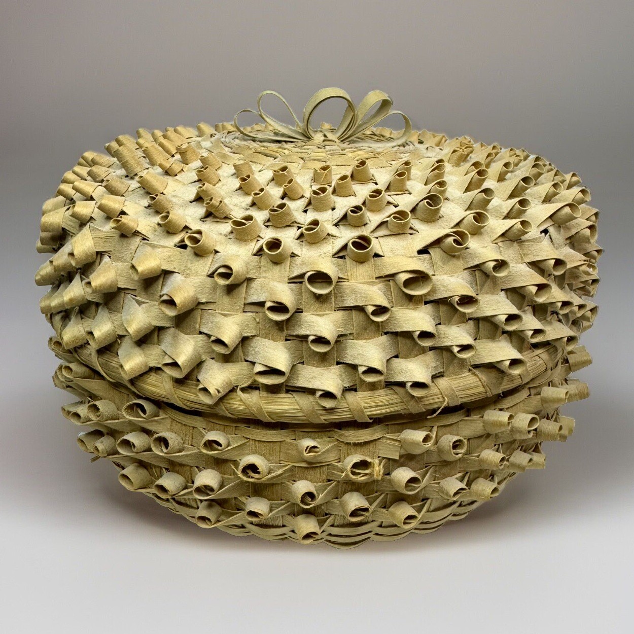 Handmade Vintage Porcupine Coil Curl Basket Native Indian Reed Lidded Weave