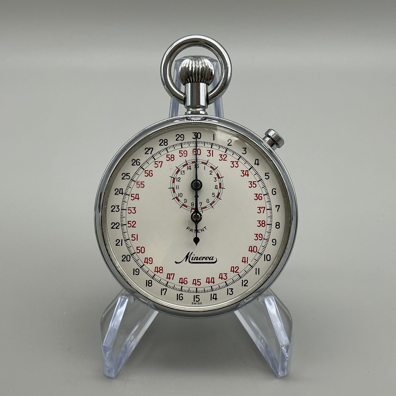Vintage Minerva Swiss Stopwatch Manual Wind FOR PARTS REPAIR Silver Tone Case