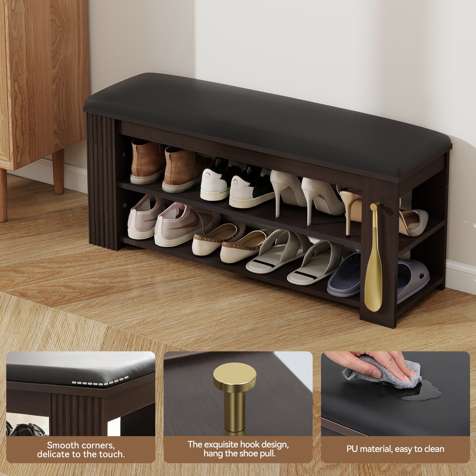 PU Leather Entryway Bench with Storage & Hooks, Shoe Rack Ottoman Seat