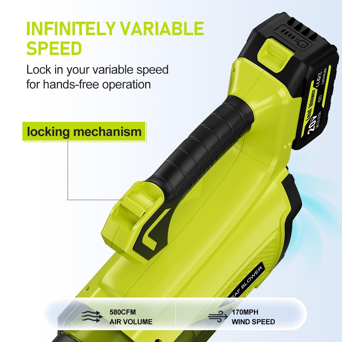 Cordless Leaf Blower 580CFM Stepless Variable Speed Battery Powered Leaf Blow...