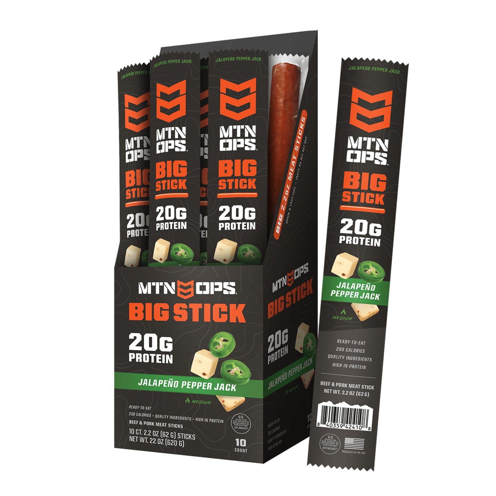 MTN OPS Big Stick High Protein Meat Sticks  20g Protein, 10% Collagen  Jalape...