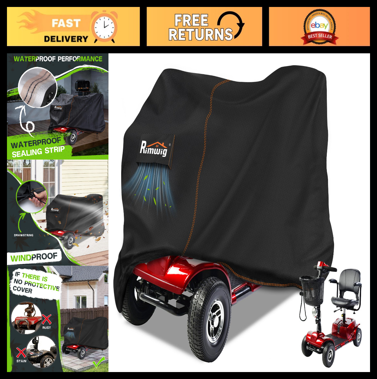 Waterproof Mobility Scooter Storage Cover, Anti-UV, Durable, 125x55x98cm Outdoor