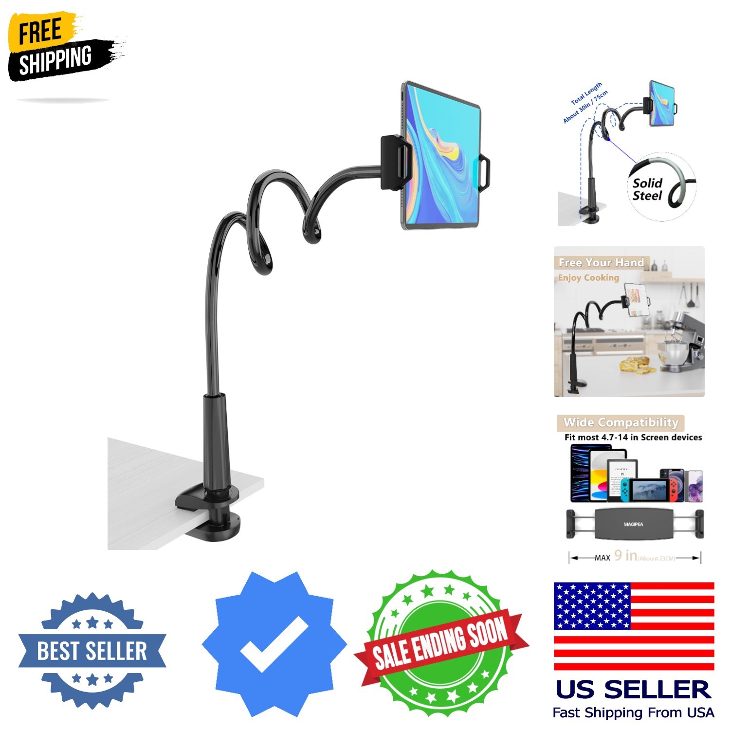 Gooseneck Tablet Holder for Bed, Flexible Tablet Stand Holder with 360° Adjus...
