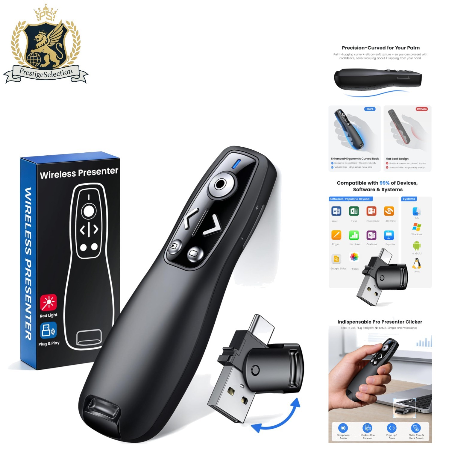 USB-C Ready Wireless Presenter with Red Laser Pointer for Seamless Presentations