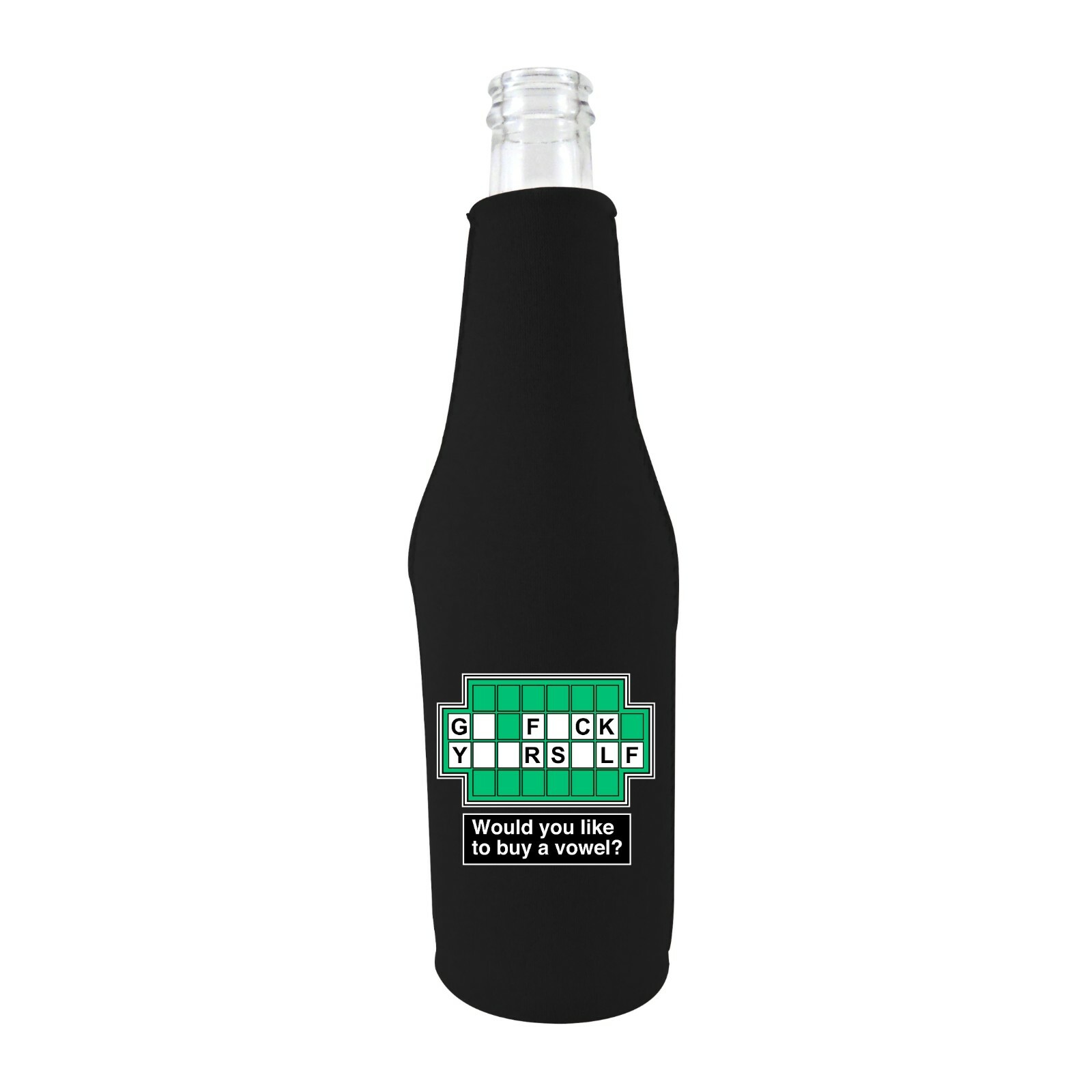 Go F Yourself 12 oz Long Neck Beer Bottle Coolie; wheel, vowel, vowel, fortune