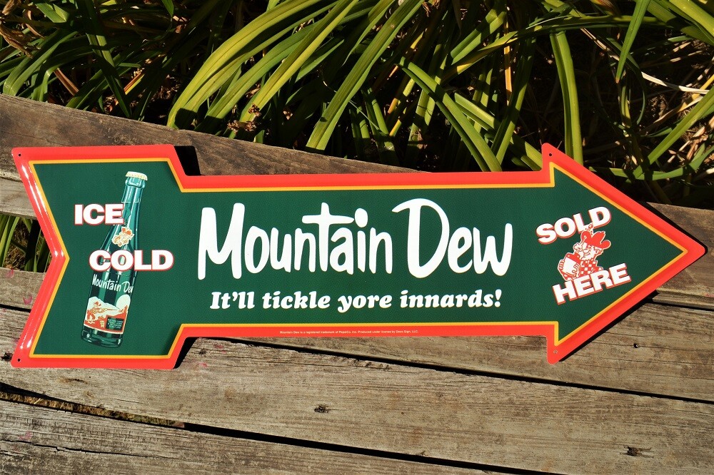 Mountain Dew Arrow Sold Here Tin Sign - Yahooo!  - It'll Tickle Yore Innards!
