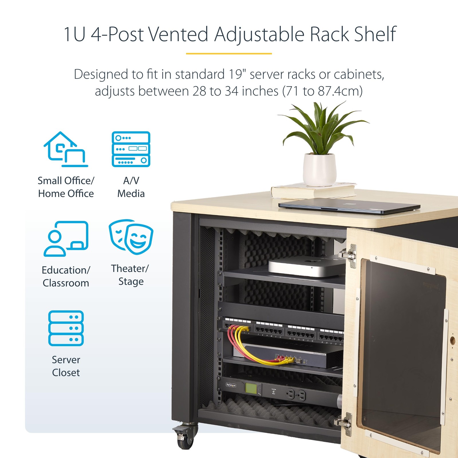 StarTech.com 1U 4-Post Server Rack Shelf, Vented, Adjustable 28-34.4in, Black