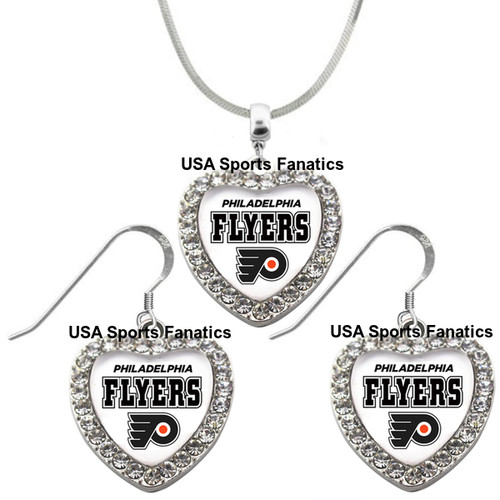Philadelphia Flyers 925 Necklace or Earrings or Set Team Heart With Rhinestones