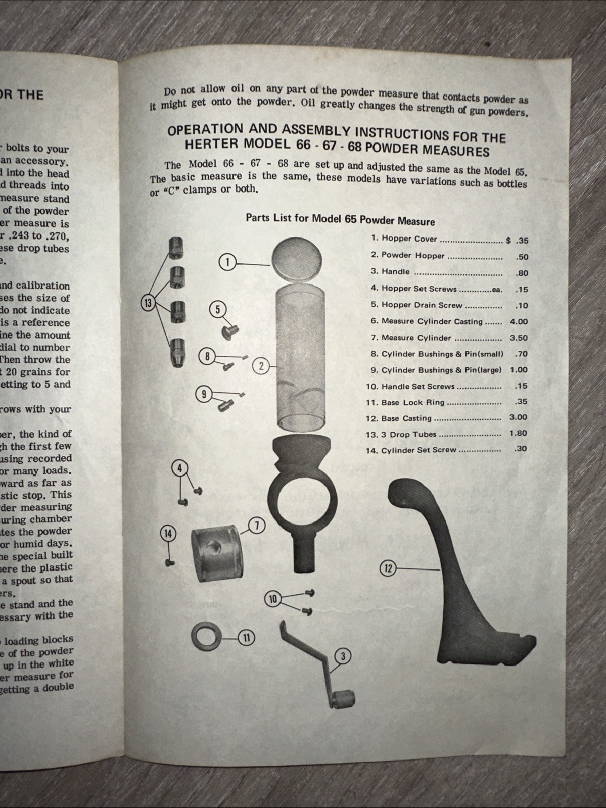 Herters Model 65 Powder Measure Instruction Assembly Manual Pamphlet
