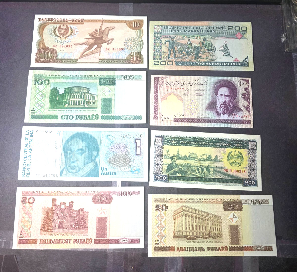 8 World foreign currency notes,  Uncirculated, Crisp Condition        *2