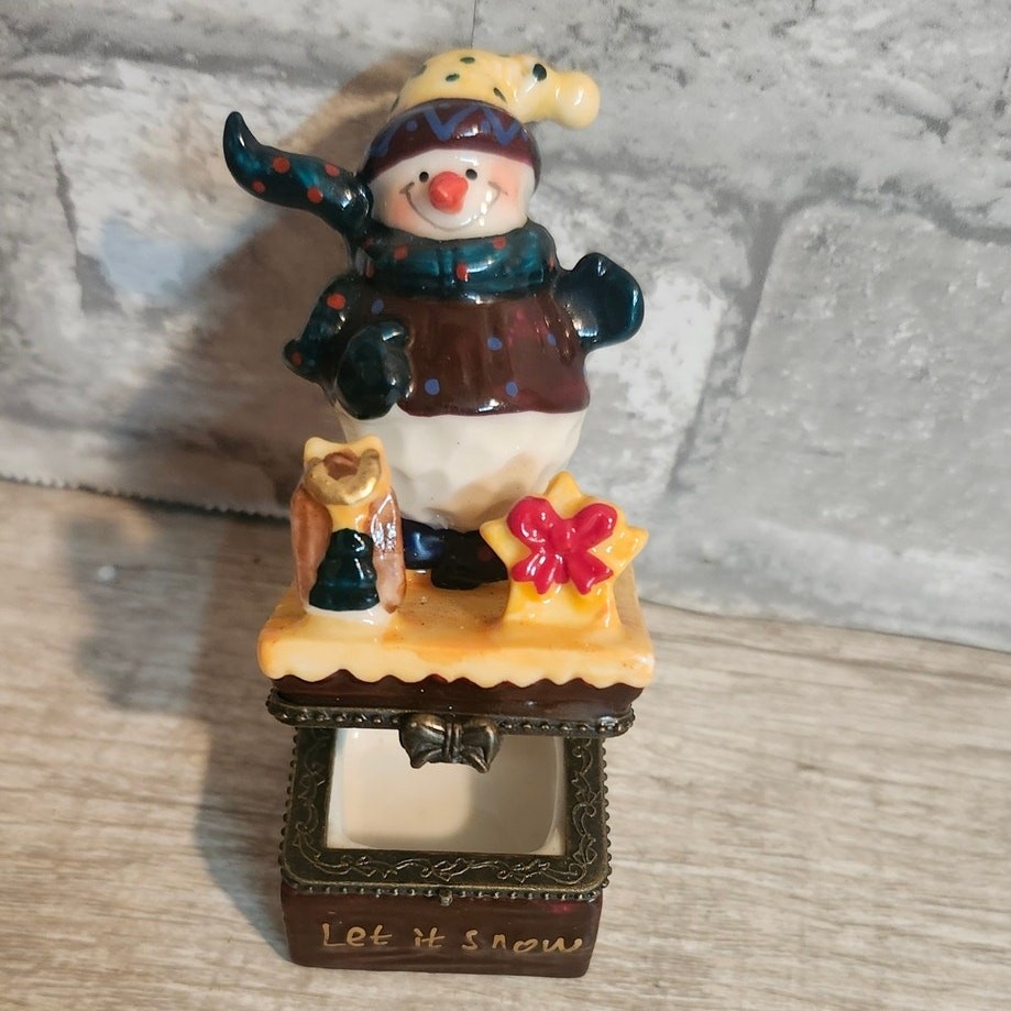 Vintage Snowman Trinket Box with "Let It Snow" Holiday Decor 4 Inches