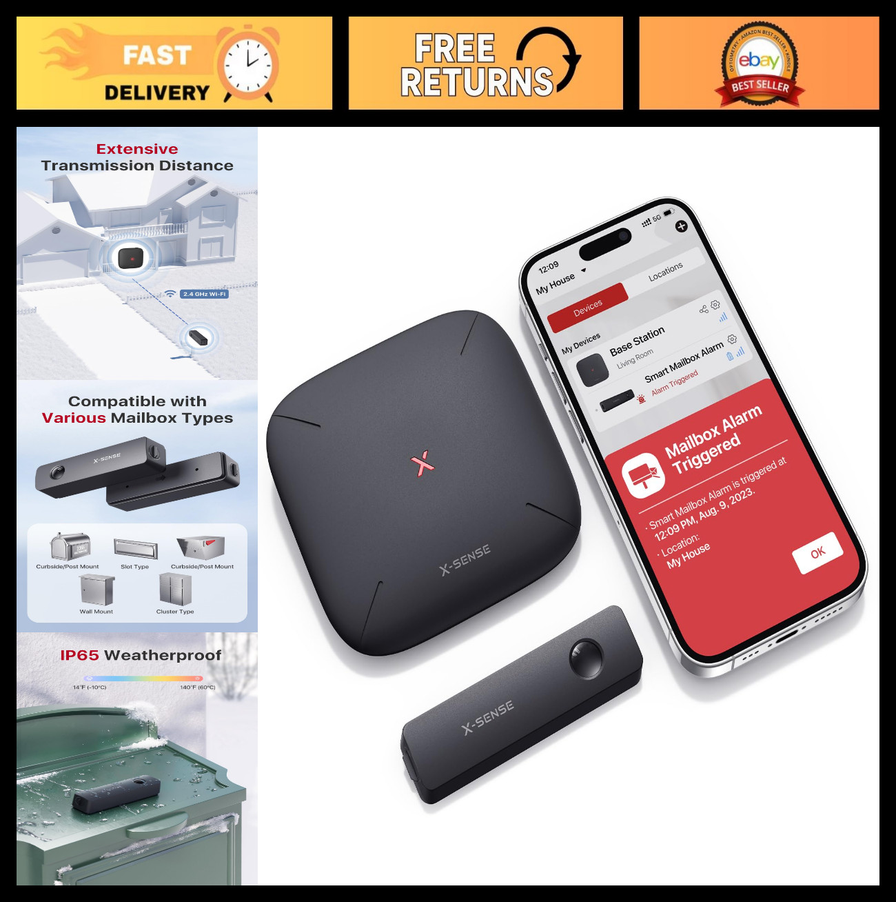 Wireless Mailbox Alarm Sensor - Long Range Delivery Alert System with Base Stati