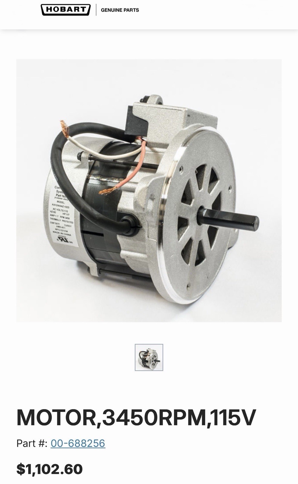 Hobart 00-688256 Burner Blower, DRO2G, DRO2GH.  New