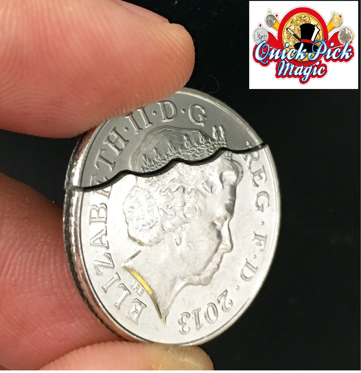 Close Up Coin Magic Bitten And Restored 10p Bite out Coin Trick + 5 Extra Bands