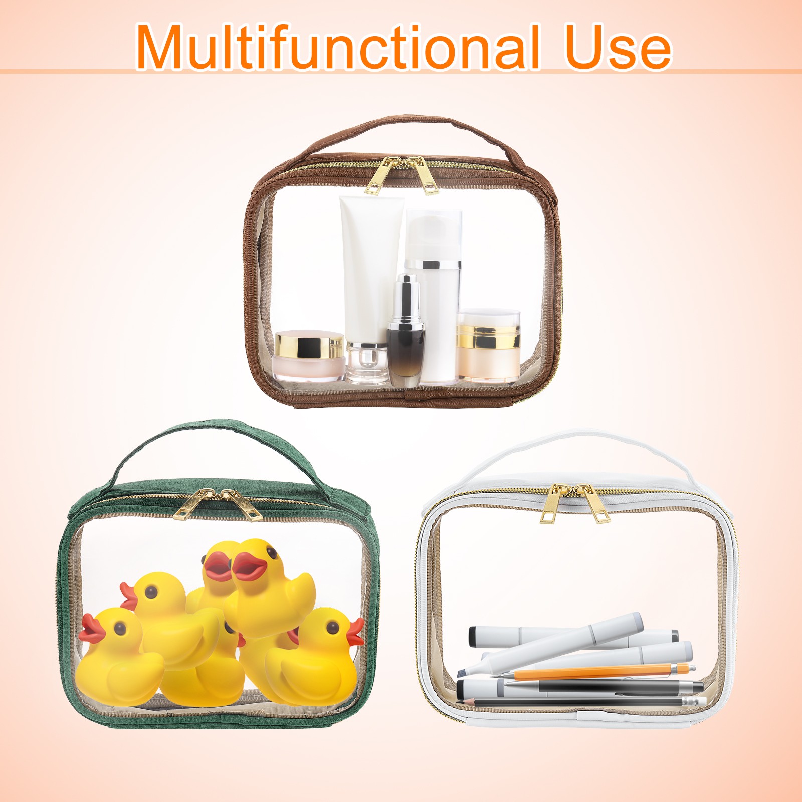 3pcs Clear Toiletry Bag PVC Clear Makeup Bag with Handle, White