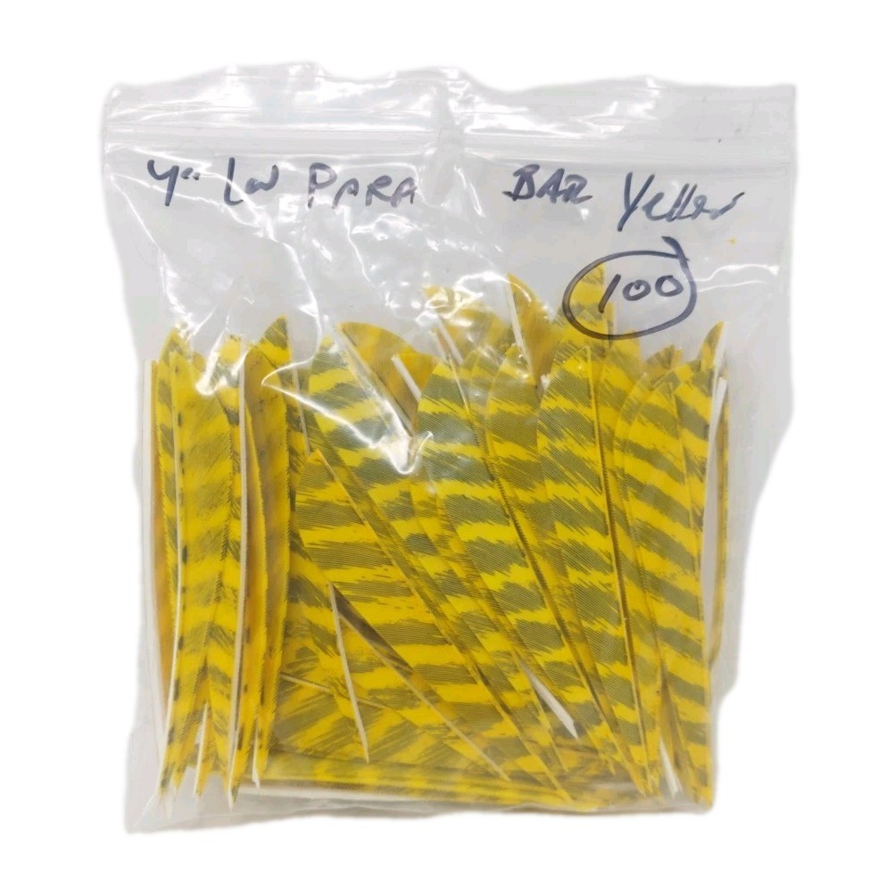 100 Pack Archery Arrow Feathers 4" Left Wing: Parabolic Faux Barred Yellow