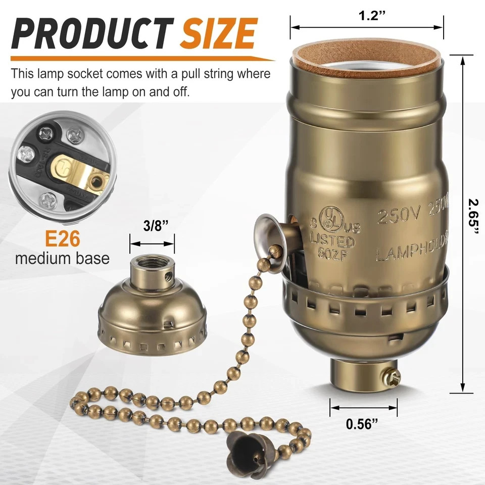 4 Pcs Pull Chain Lamp Socket Replacement, E26 Standard Threaded Base, Light S...