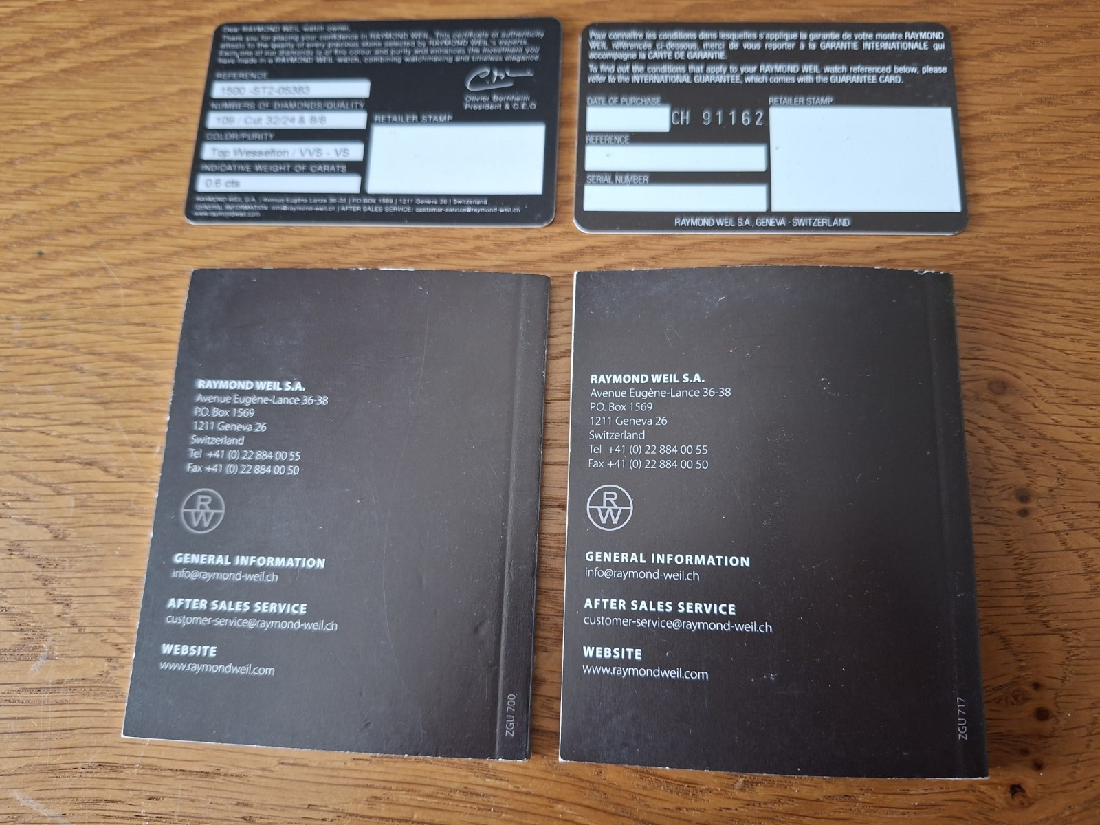Raymond Weil Guarantee Certificate Authenticity Cards Instruction Booklets