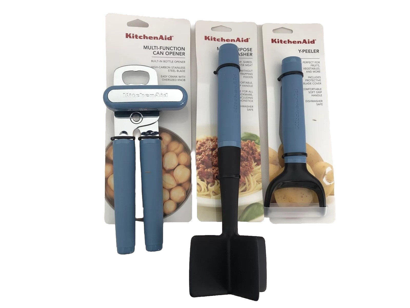 New KitchenAid Blue Velvet 3 Piece Soft Silicone Can Opener Masher Peeler HBLA