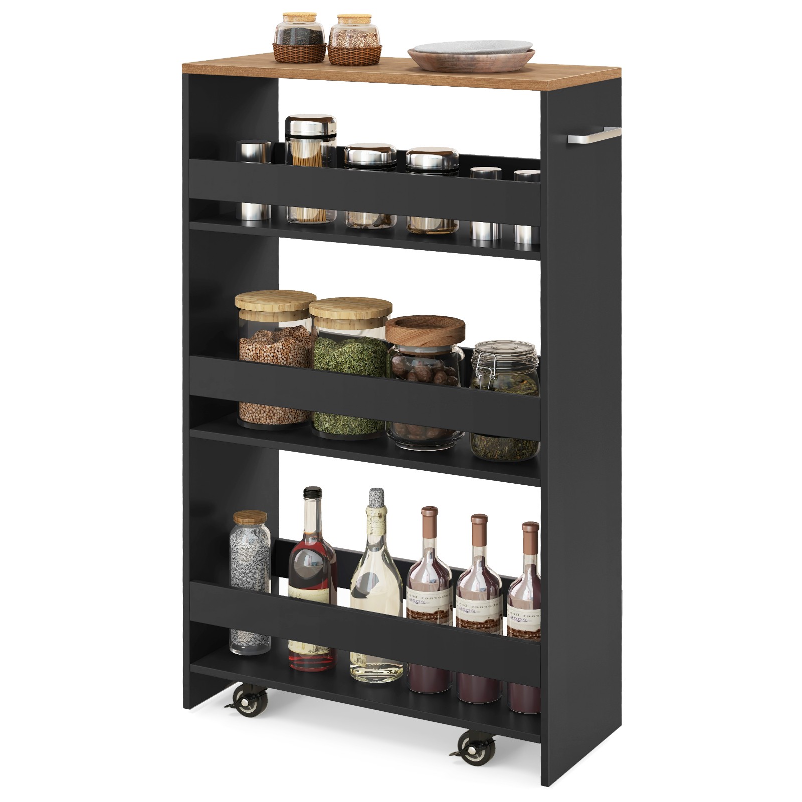 4-Tier Rolling Storage Cart 8" Slim Kitchen Cart on Wheels w/ Open Shelves