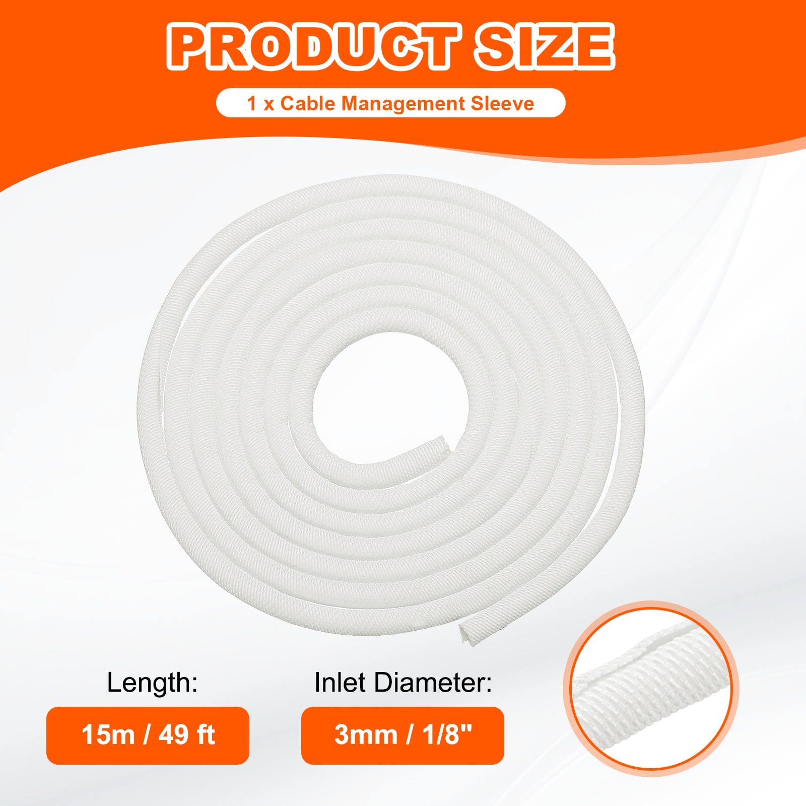 Wire Split Braided Cable Management Sleeve, White (1/8" - 49 Feet)