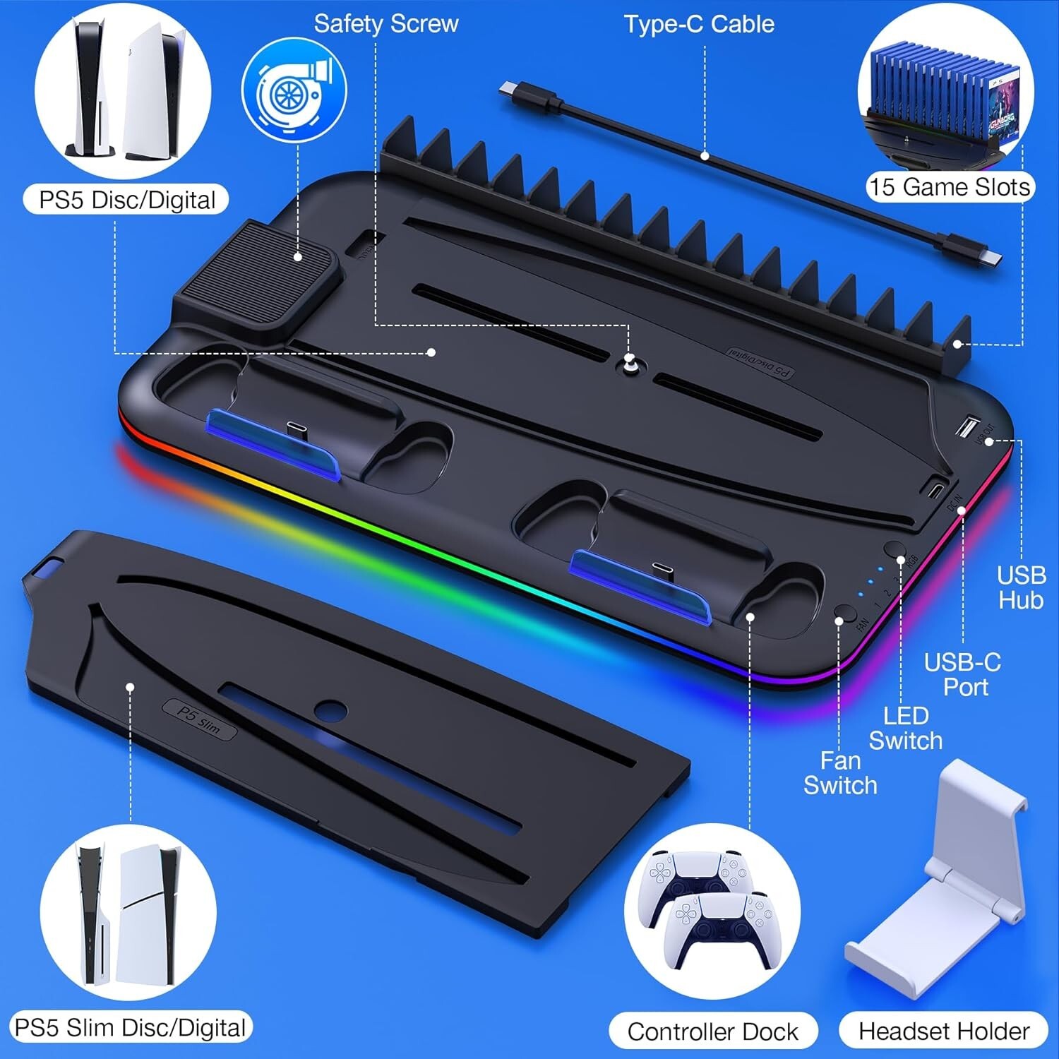 PS5 Stand Cooling Station for PS5/PS5 Slim Console With PS5 Controller Charger