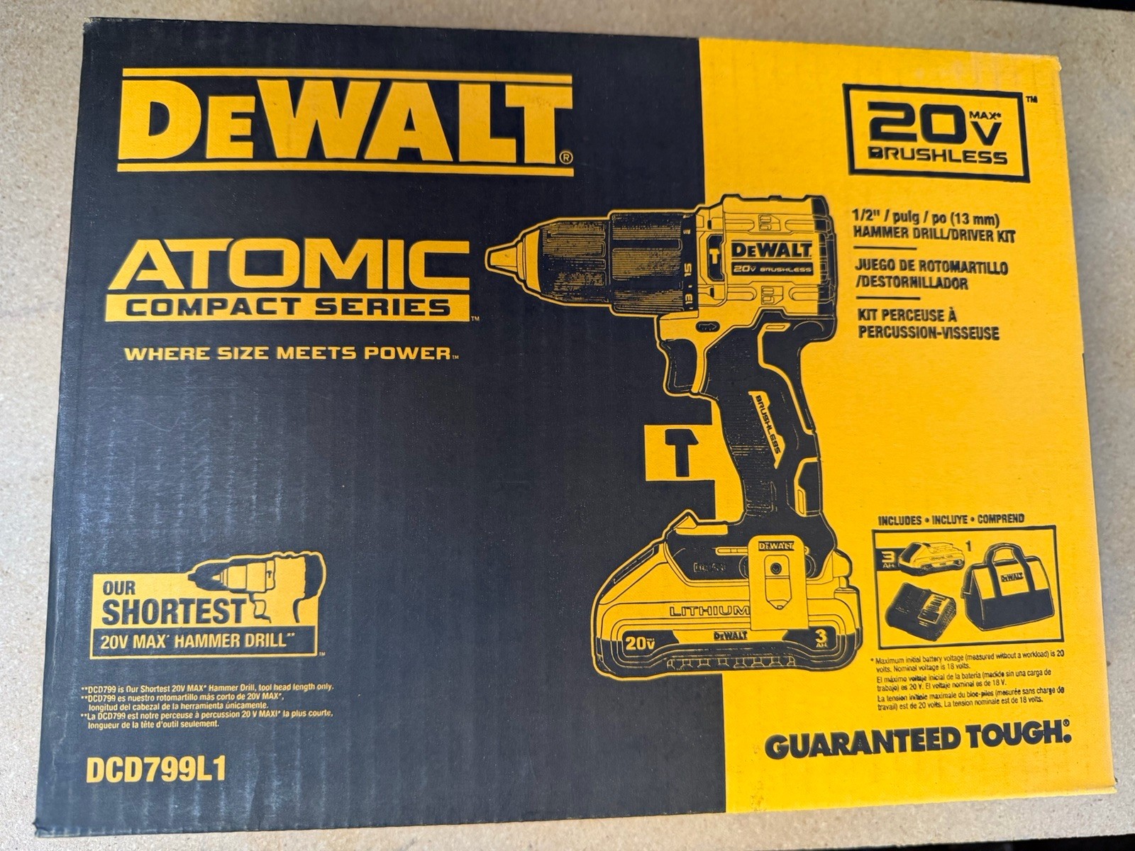 DEWALT ATOMIC 20V MAX Brushless 1/2in Keyless Hammer Drill Kit DCD799L1