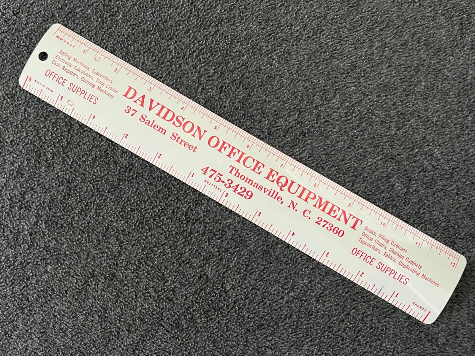 Vintage Metal Advertising Ruler DAVIDSON OFFICE EQUIPMENT Thomasville NC - USA