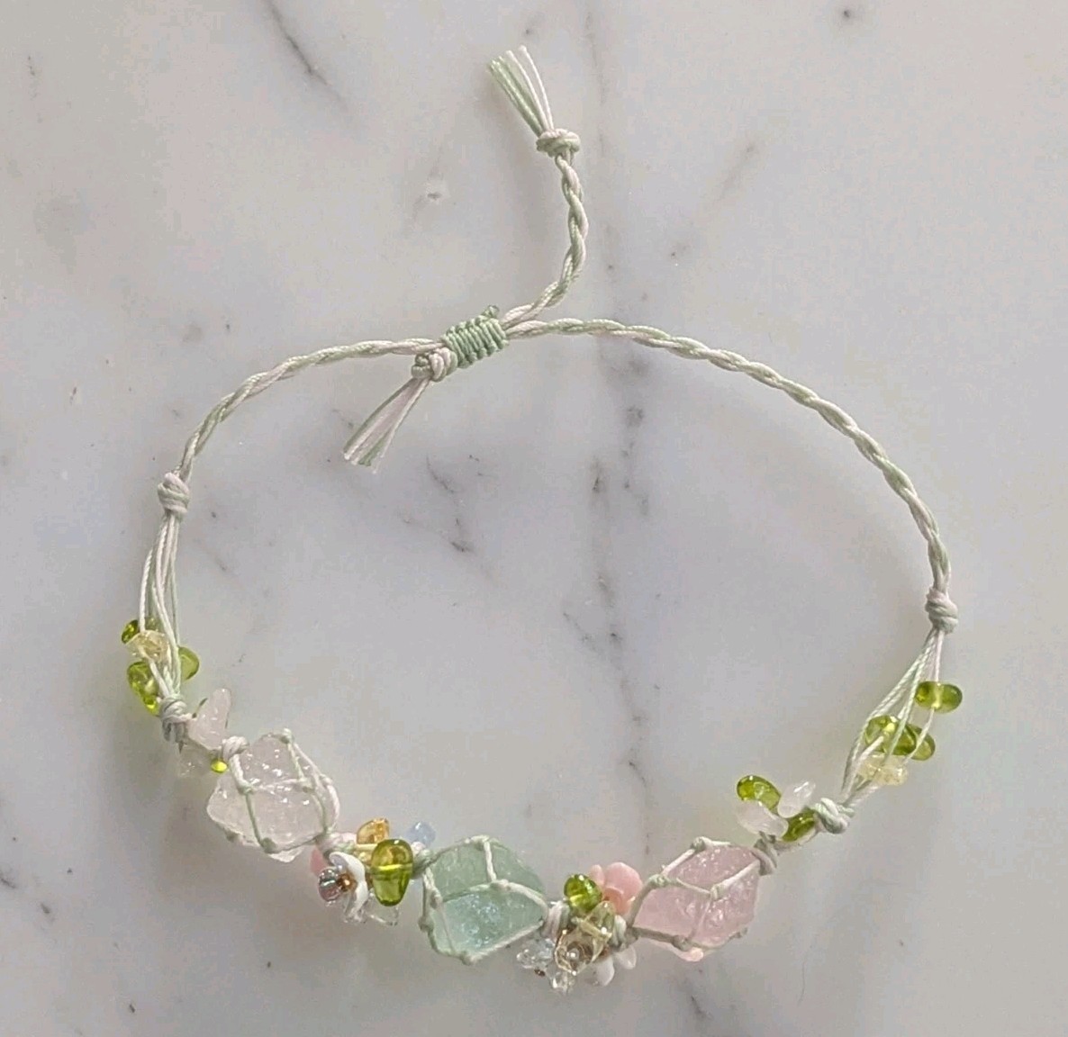 Natural Raw Crystal Beaded Rope Tie Bracelet Adjustable One-Size Handmade