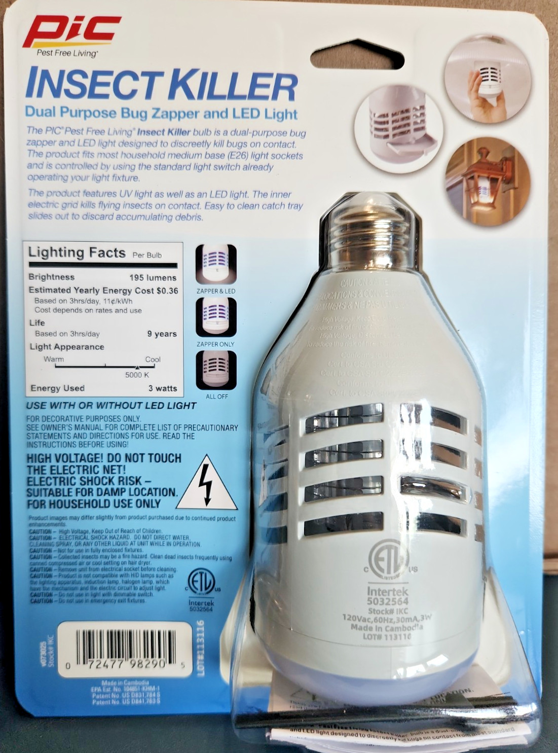 2 Pack NEW PIC Insect Killer 2-in-1 Bug Zapper LED Light Kills Bugs (E)