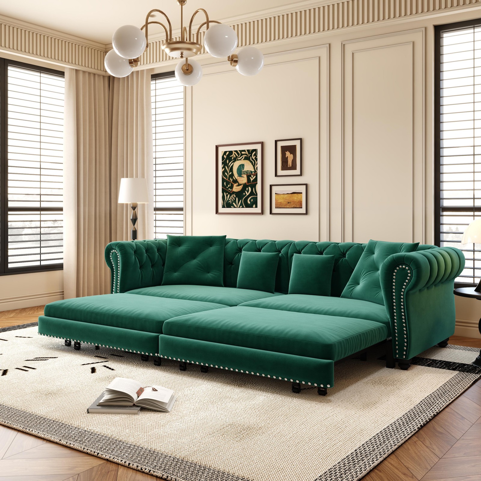 Chesterfield Sofa, 89 " W 3-in-1 Pull-Out Sofa Bed, Convertible Sleeper Sofa Bed