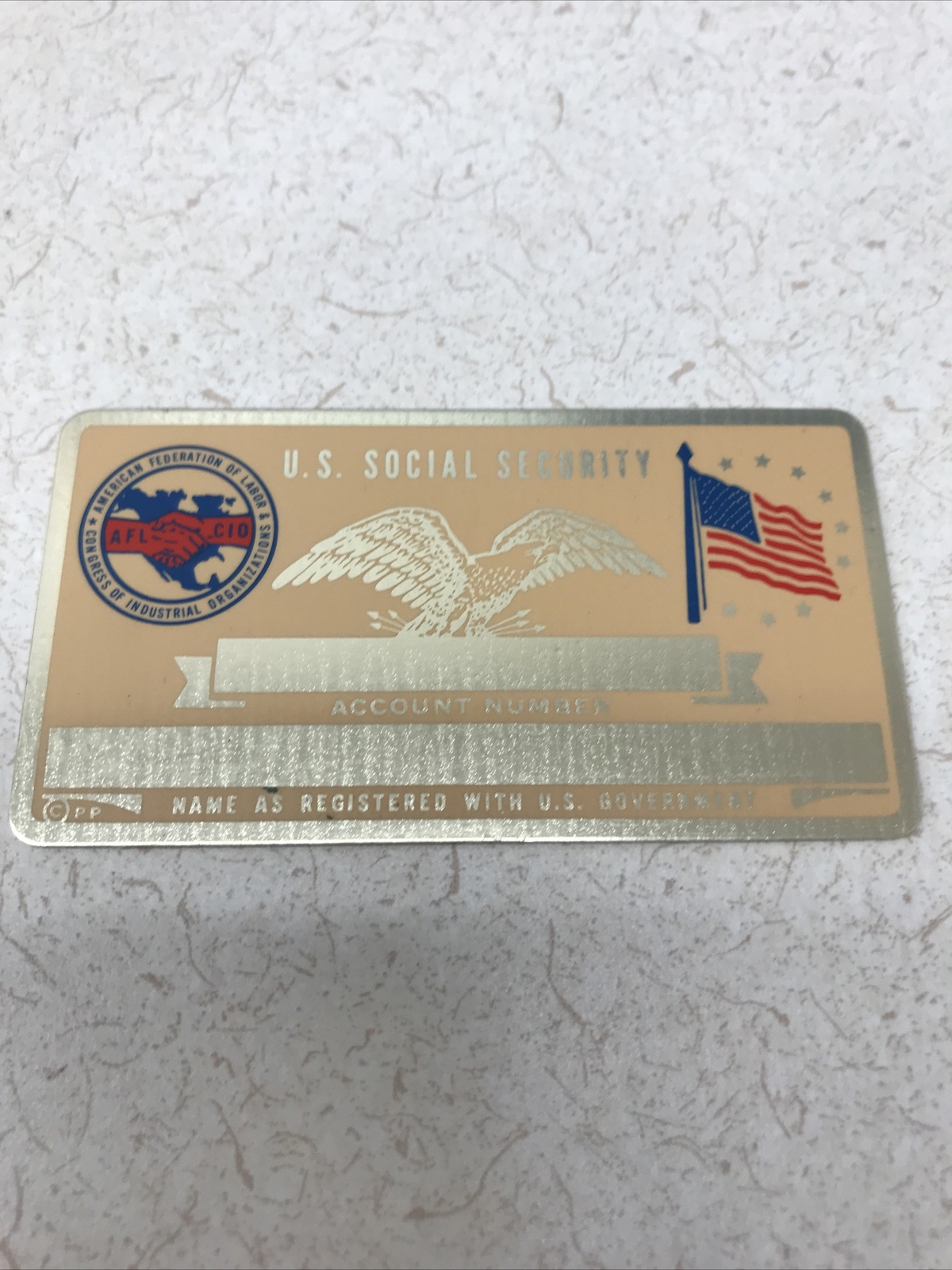 NEW Vintage SSN Social Security Card Metal USA Union AFL - CIO